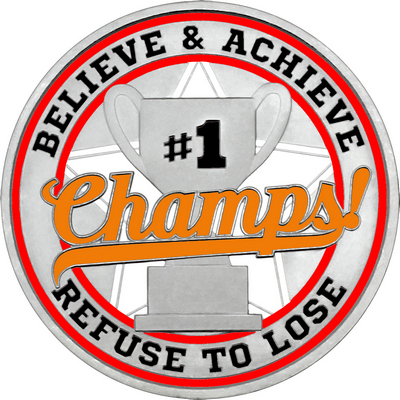 Orange "Champs!" with Red Outer Circular Borders